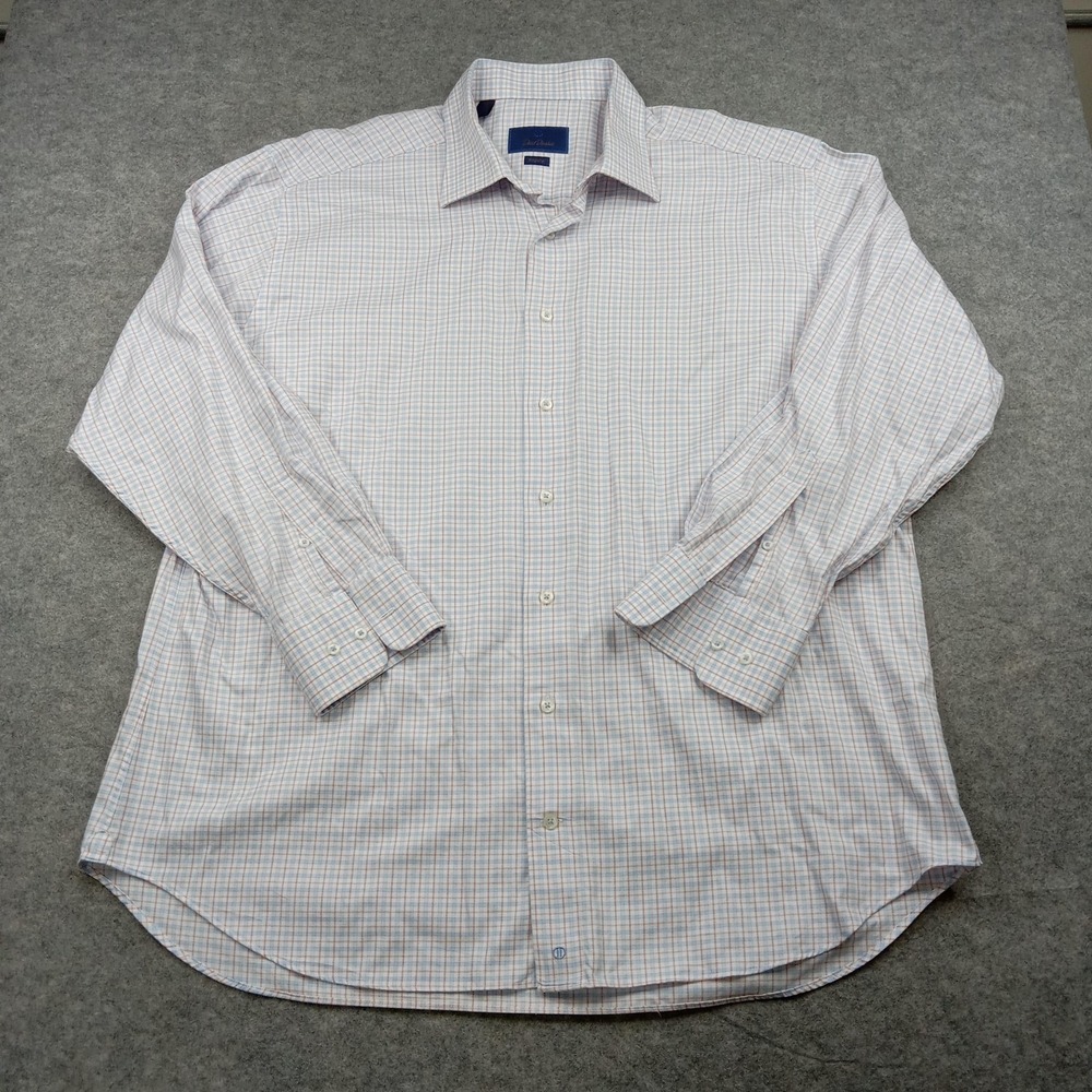 David Donahue Shirt Mens 18 34/35 Dress Blue Check Plaid Regular Fit Long Sleeve